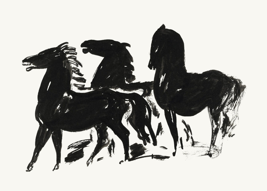 Leo Gestel — Three Black Horses | Dutch Expressionist Print shown to scale on a wall above a sofa