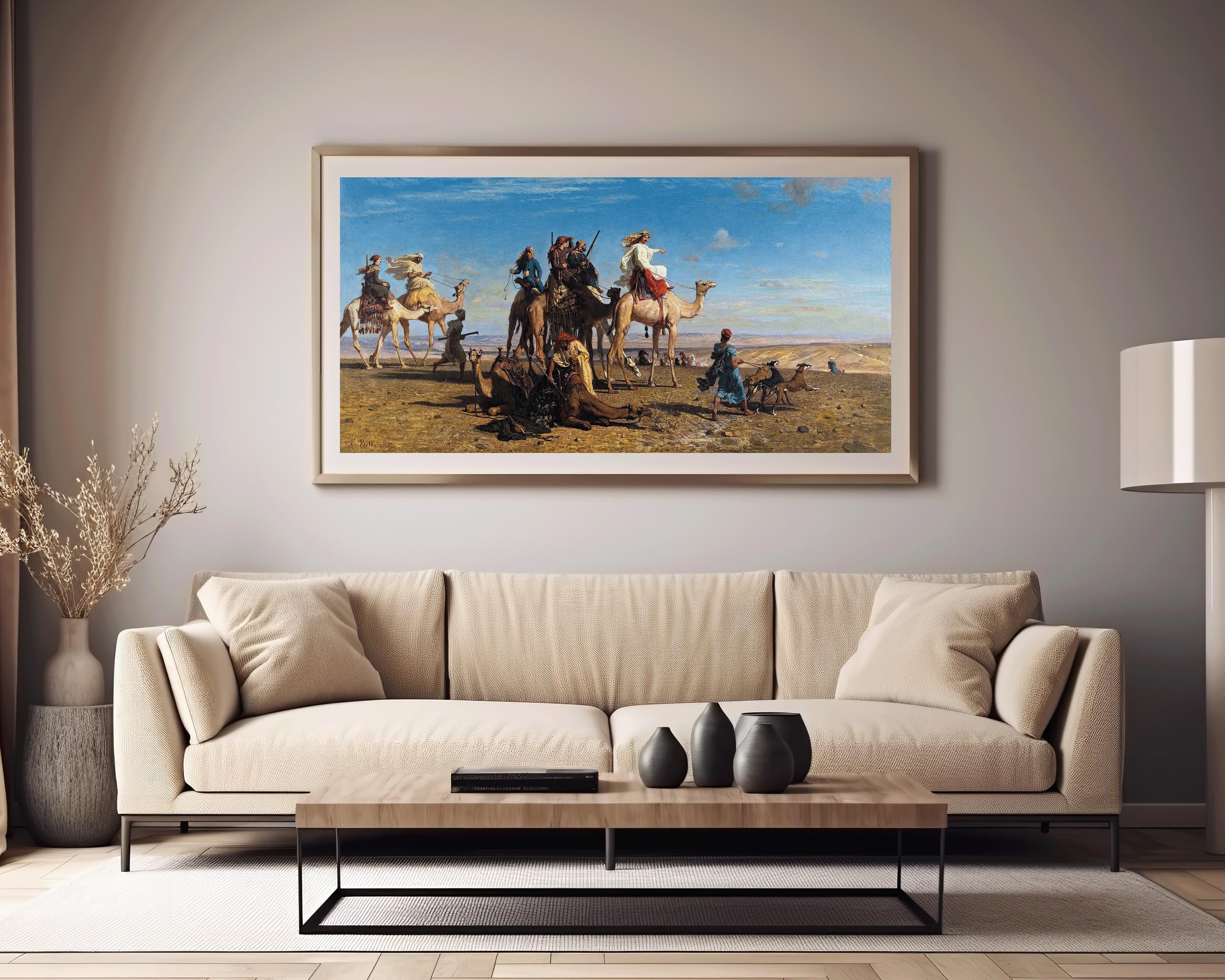 Leon Belly - A Gazelle Hunt in Egypt | An Awe - inspiring 19th - century Orientalist Wide Panoramic Artwork | Available framed or unframed - 9ArtPrints