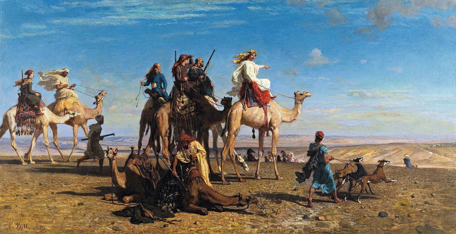 Léon Belly — A Gazelle Hunt in Egypt | Orientalist Panoramic Print shown to scale on a wall above a sofa