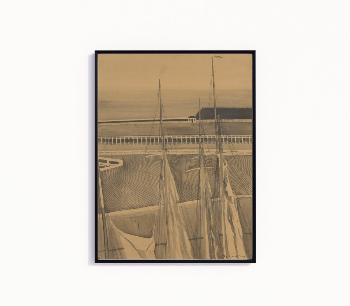 Framed art print of De haven te Oostende by Léon Spilliaert, in a slim black frame on a plain white wall