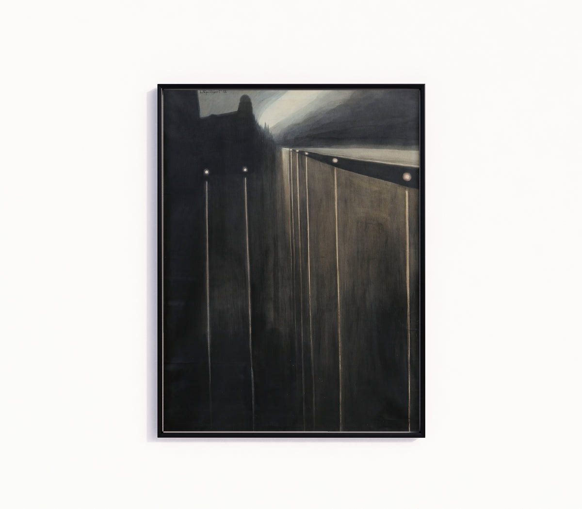 Framed art print of Digue d'Ostende aux réverbères by Léon Spilliaert, in a slim black frame on a plain white wall