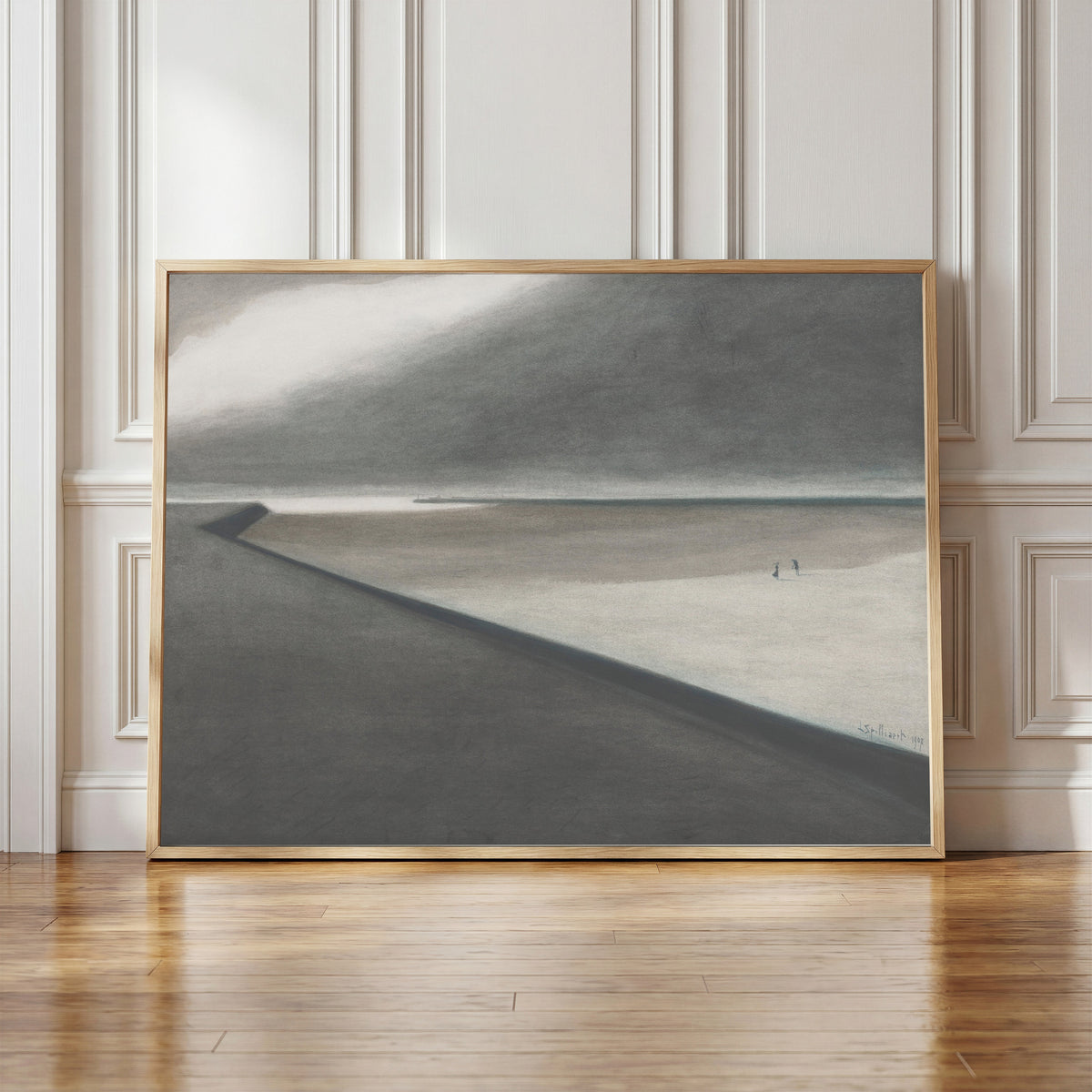 Framed art print of Digue et plage by Léon Spilliaert, in a light wood frame leaning against a panelled white wall