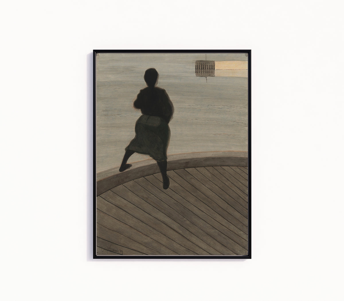 Framed art print of Femme de pêcheur sur le ponton by Léon Spilliaert, in a slim black frame on a plain white wall