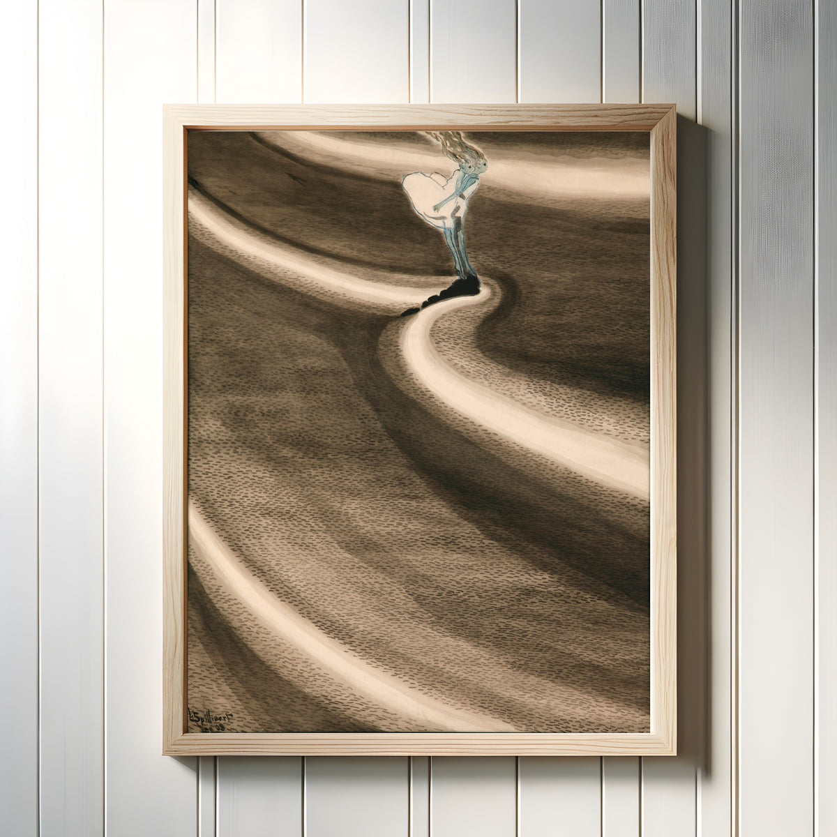 Framed art print of Fillettes devant la vague by Léon Spilliaert, in a light wood frame on a white panelled wall