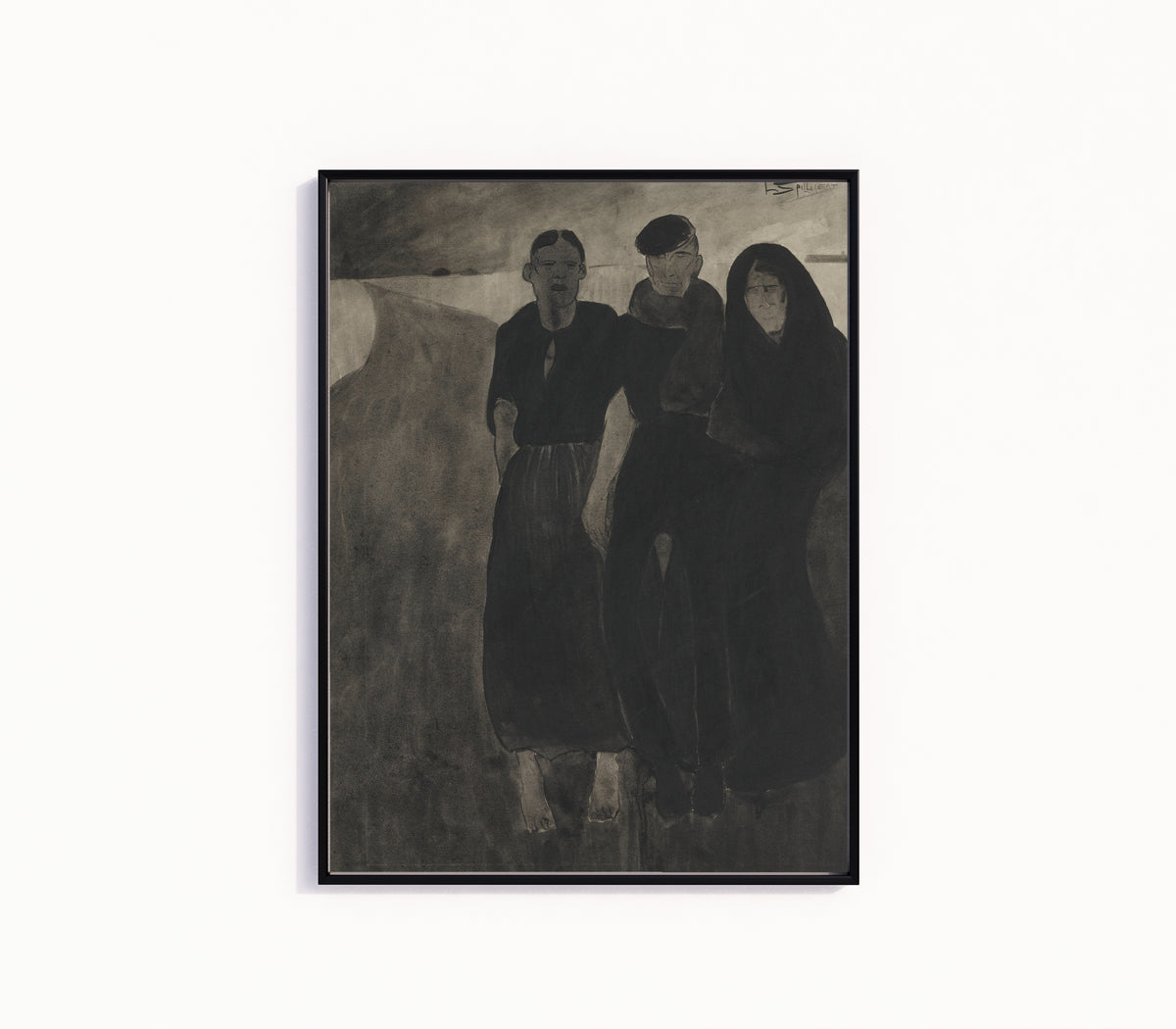 Framed art print of Fishermen and Women by Léon Spilliaert, in a slim black frame on a plain white wall