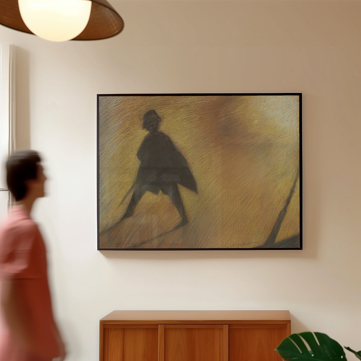Framed art print of Het einde van een mooie dag – Figuur in tegenlicht by Léon Spilliaert, in a slim black frame on a warm wall in a sunlit room