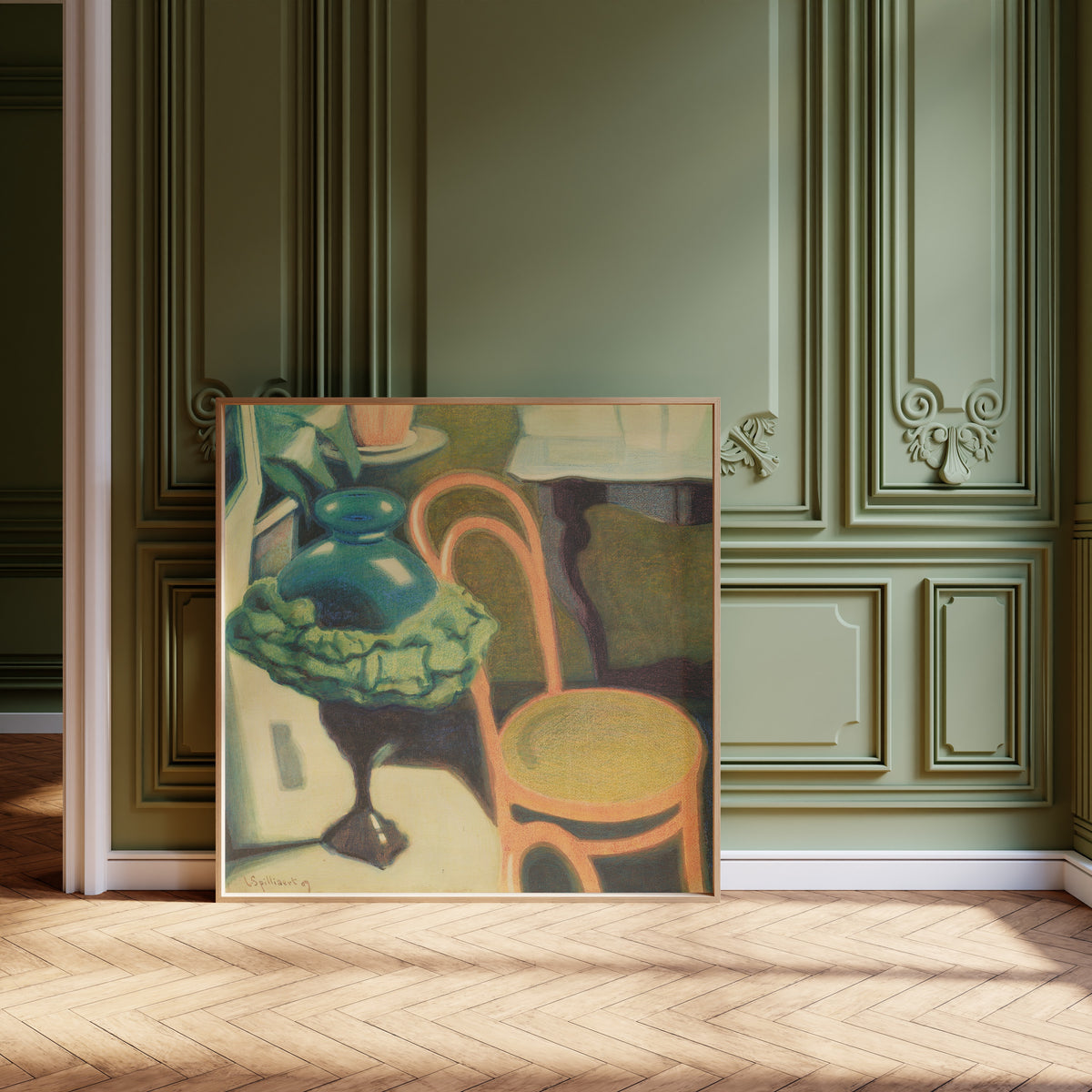 Framed art print of Interieur met stoel en opaallamp by Léon Spilliaert, leaning against olive-green panelling on a herringbone floor