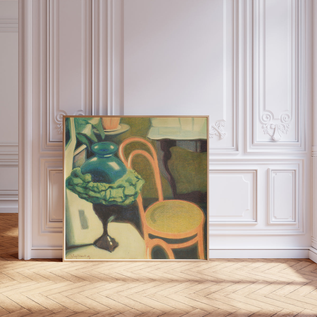 Framed art print of Interieur met stoel en opaallamp by Léon Spilliaert, leaning against pale pink panelling on a herringbone floor