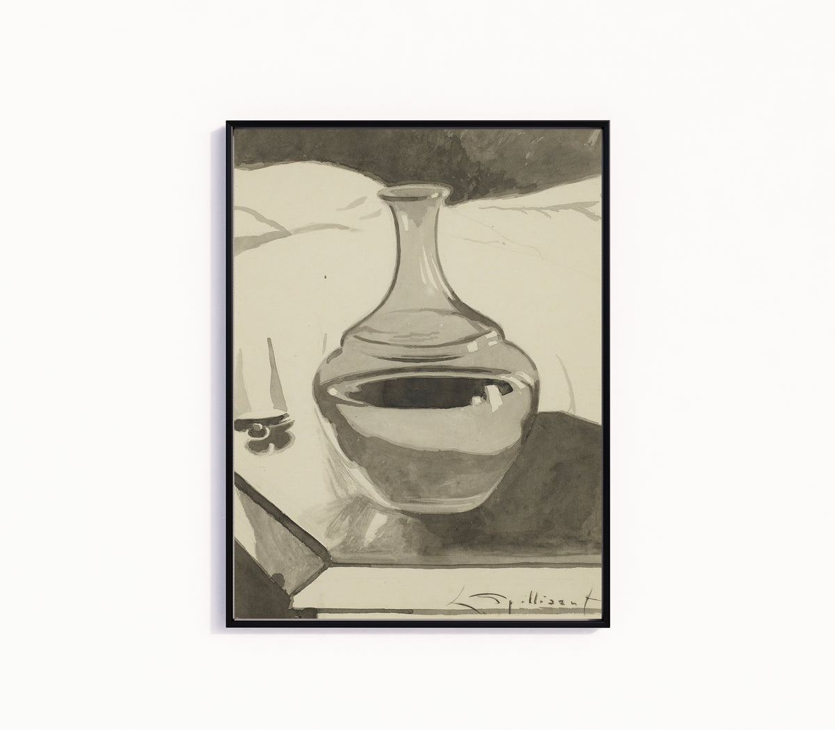 Framed art print of Karaf op nachttafel by Léon Spilliaert, in a slim black frame on a plain white wall