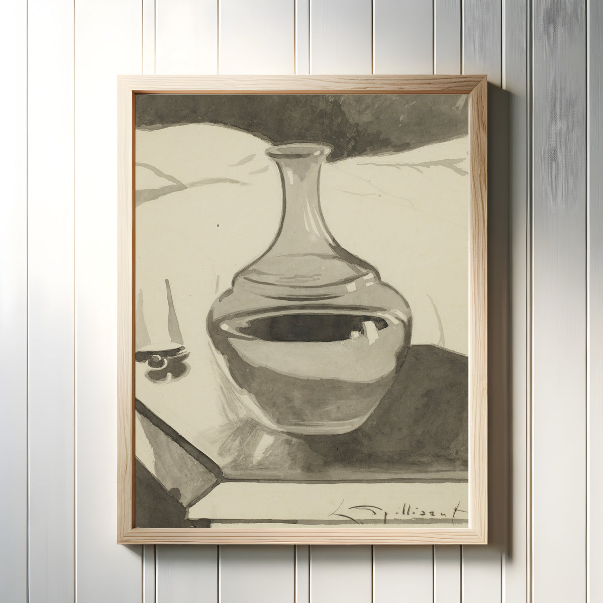 Framed art print of Karaf op nachttafel by Léon Spilliaert, in a light wood frame on a white panelled wall