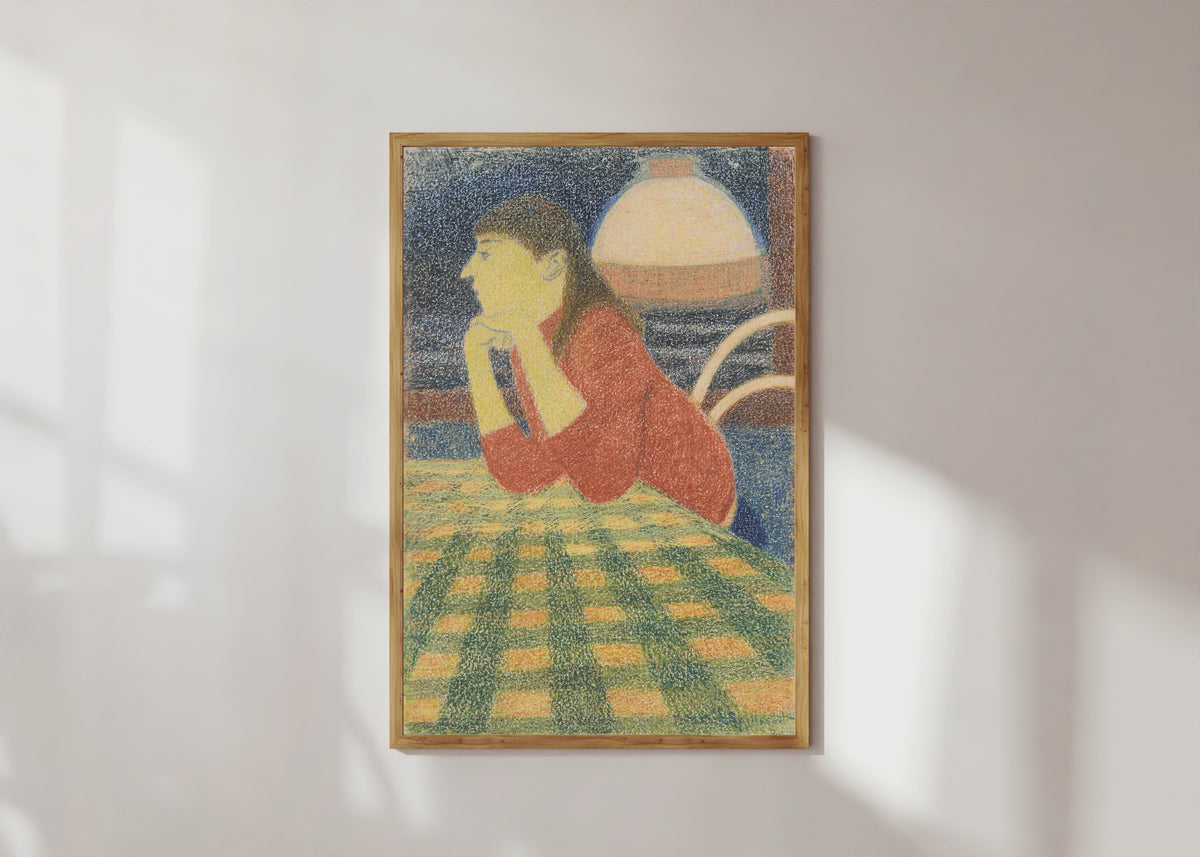 Framed art print of Leunende vrouw by Léon Spilliaert, in a light wood frame on a sunlit white wall