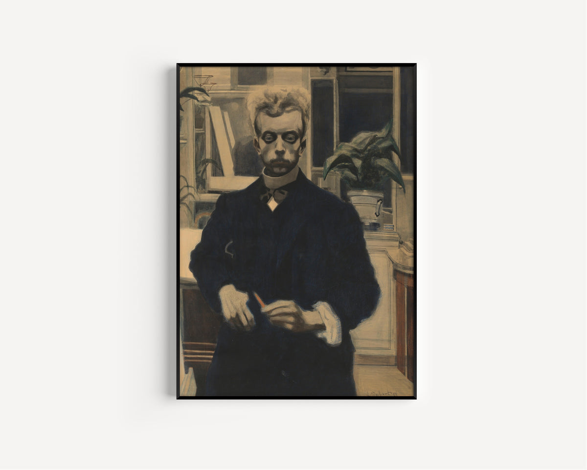 Framed art print of Self-Portrait with Red Pencil by Léon Spilliaert, in a slim black frame on a plain white wall