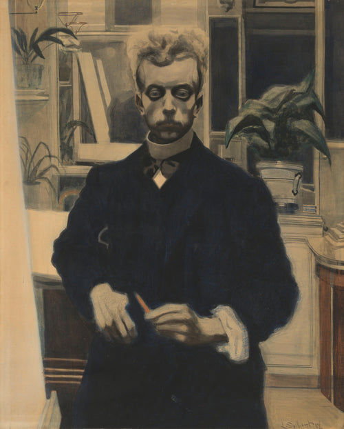 Self-Portrait with Red Pencil by Léon Spilliaert — A pale young man in black holds a red pencil in a room of plants