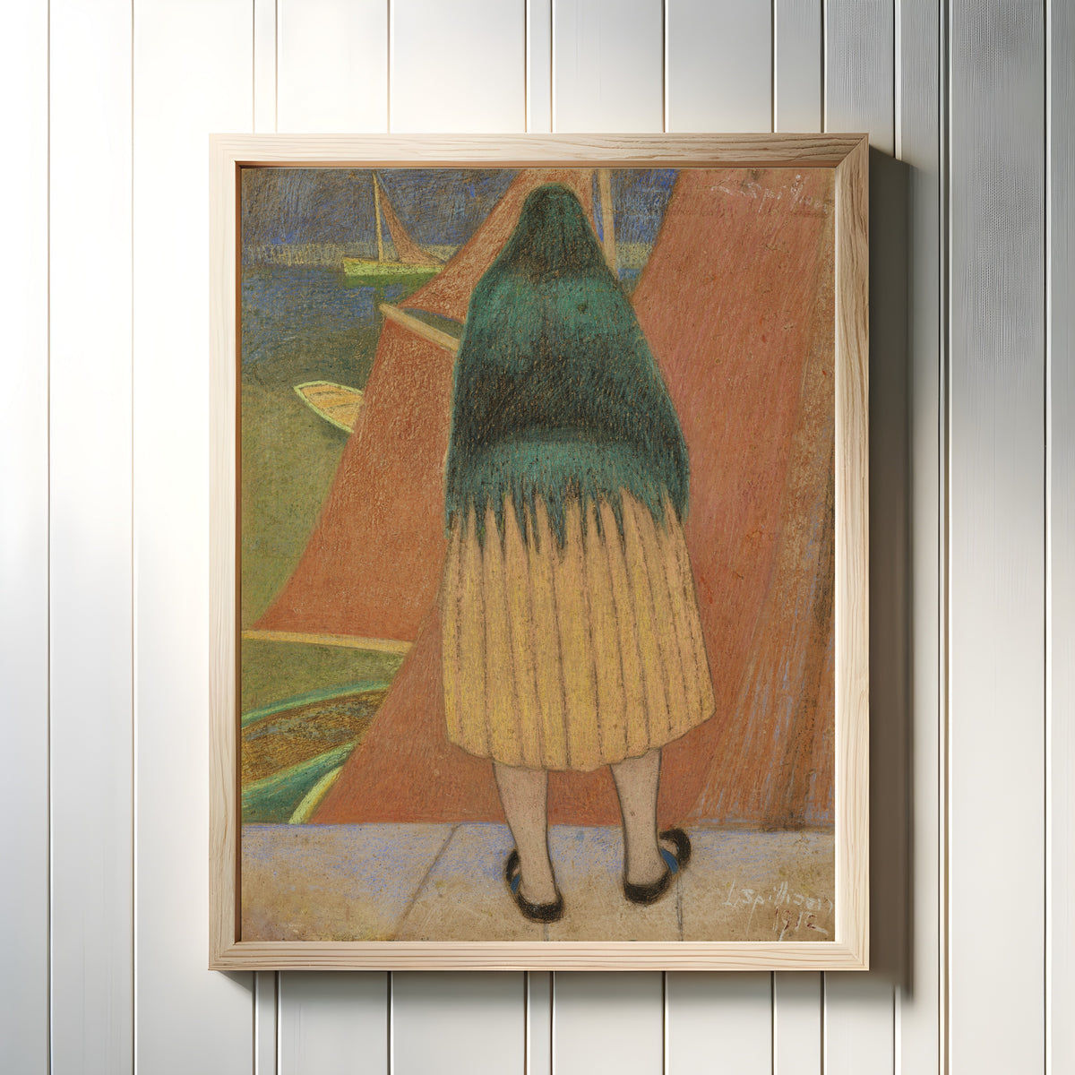Framed art print of Vissersvrouw by Léon Spilliaert, in a light wood frame on a white panelled wall