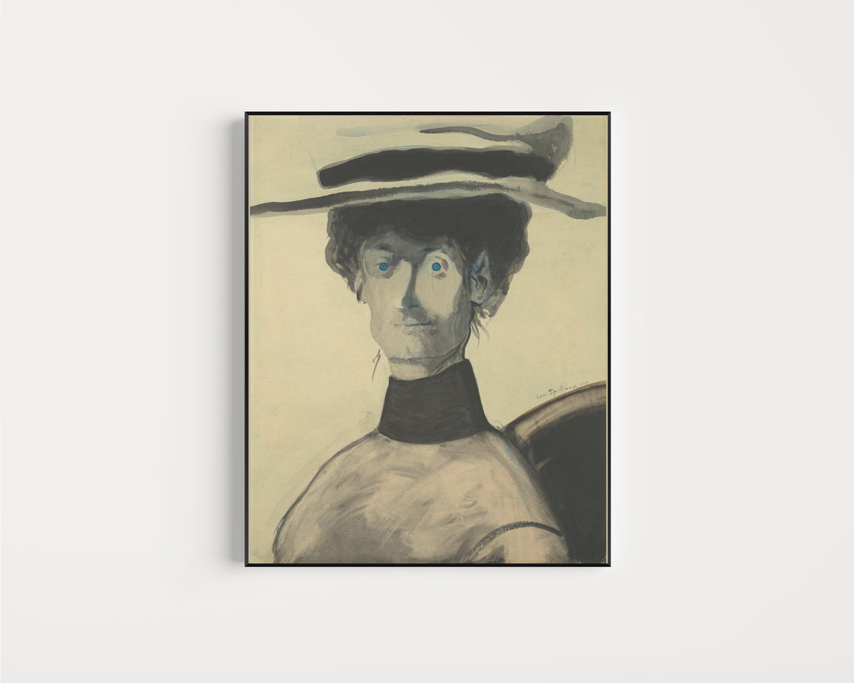 Framed art print of Vrouw met roze hoed by Léon Spilliaert, in a slim black frame on a plain white wall