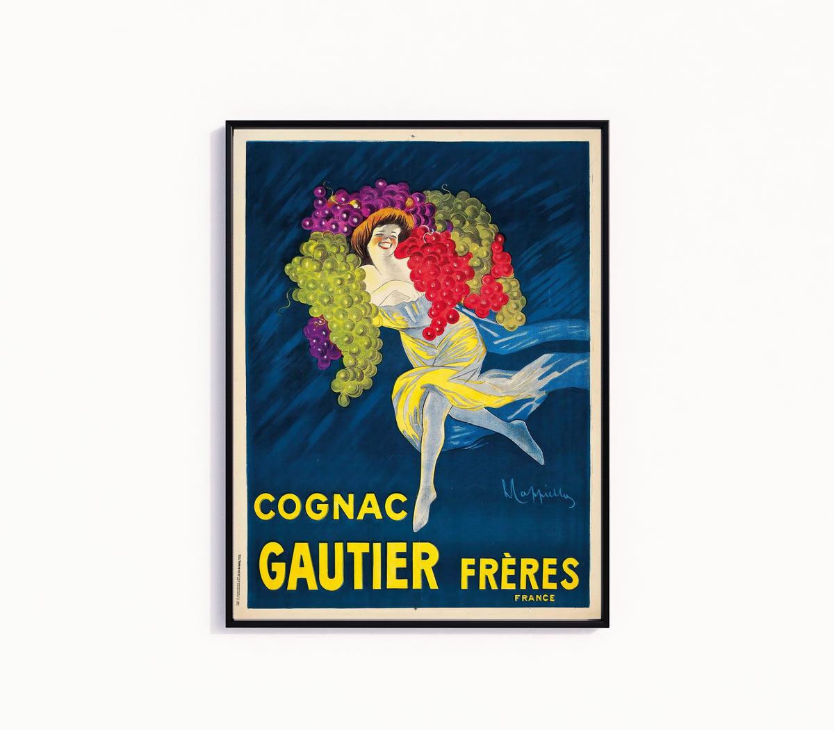 Framed art print of Cognac Gautier Frères by Leonetto Cappiello, in a slim black frame on a plain white wall