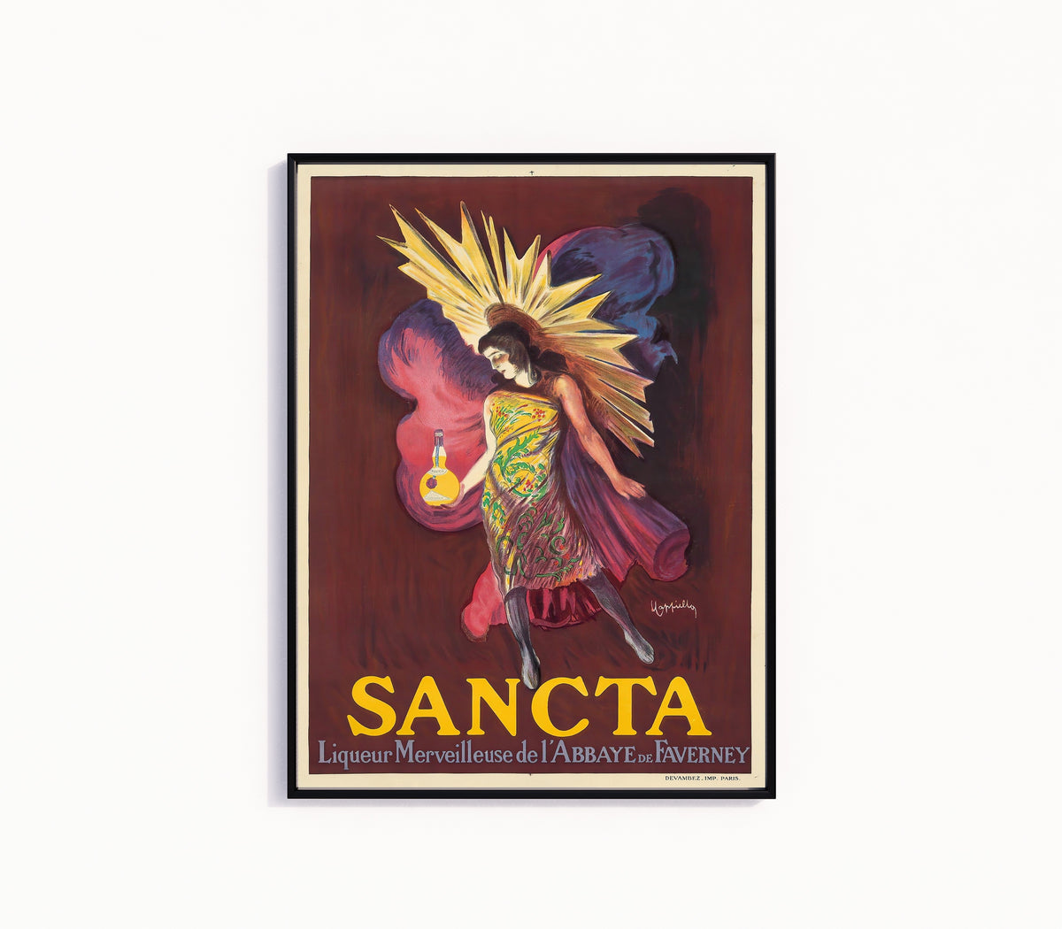Framed art print of Sancta Liquor by Leonetto Cappiello, in a slim black frame on a plain white wall