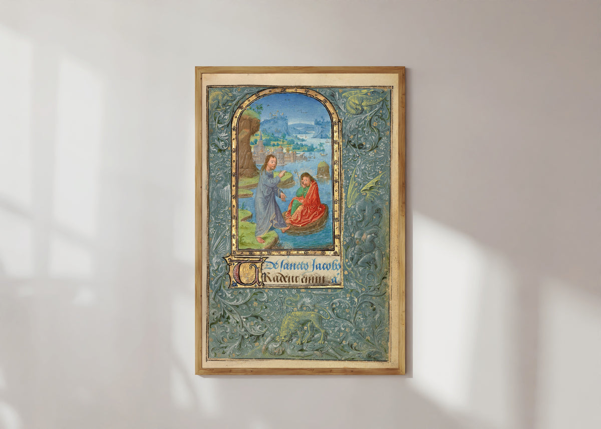 Framed art print of Prayer Book of Charles the Bold: Christ Appearing to Saint James the… by Lieven van Lathem, in a light wood frame on a sunlit white wall