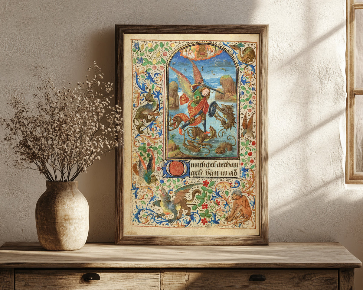 Framed art print of Prayer Book of Charles the Bold: Saint Michael by Lieven van Lathem, in a dark wood frame leaning on a rustic console beside dried flowers