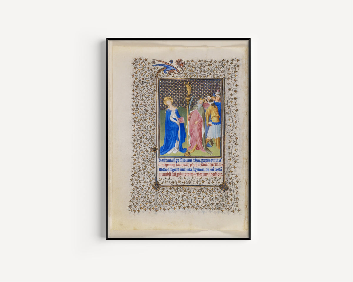 Framed art print of Belles Heures: Saint Catherine and the Emperor Maxentius by Limbourg Brothers, in a slim black frame on a plain white wall