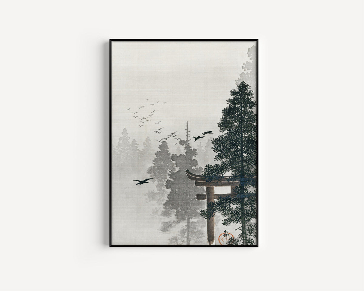 Ohara Koson — Flock of Birds and a Torii Gate in a Pine Forest | Japanese Woodblock Print (Shin Hanga)