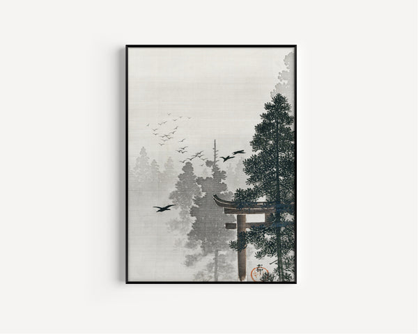Ohara Koson — Flock of Birds and a Torii Gate in a Pine Forest | Japanese Woodblock Print (Shin Hanga)