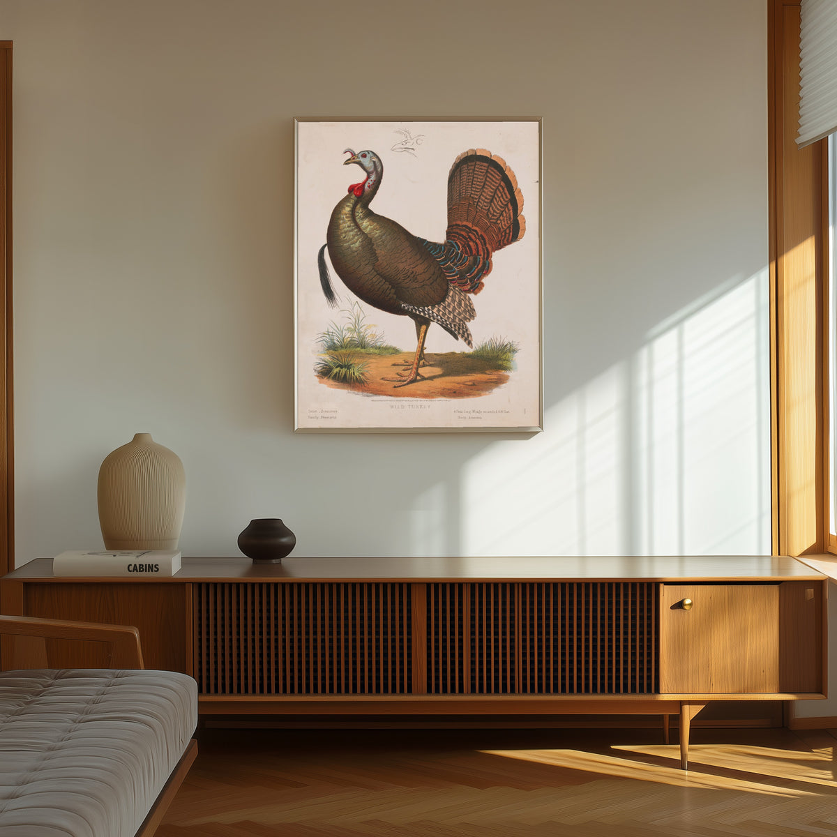 Framed art print of Wild Turkey by Louis Prang & Co., in a thin light frame on a sunlit wall above a wooden sideboard
