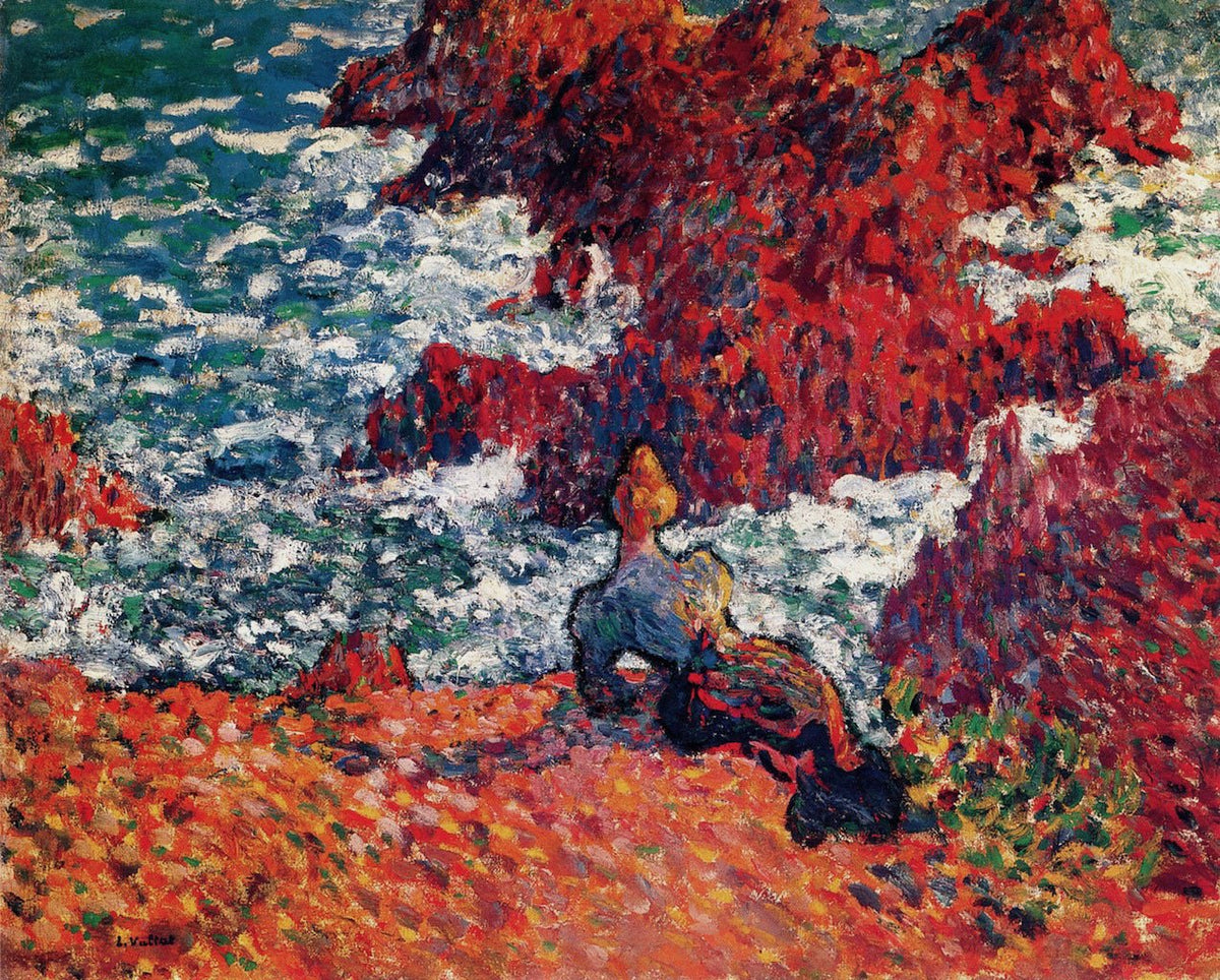 Madame Valtat at Agay by Louis Valtat — A woman rests on red porphyry rocks above turquoise surf
