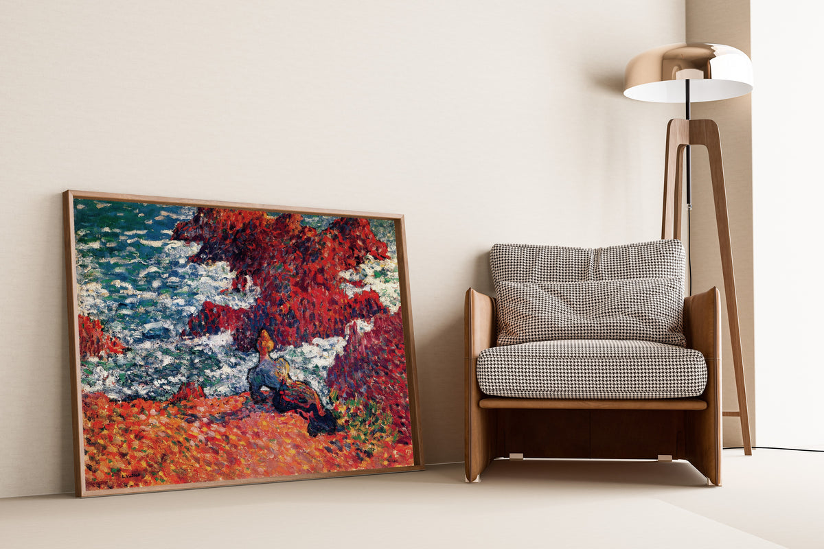 Madame Valtat at Agay by Louis Valtat — framed and leaning against a wall beside an armchair and a floor lamp