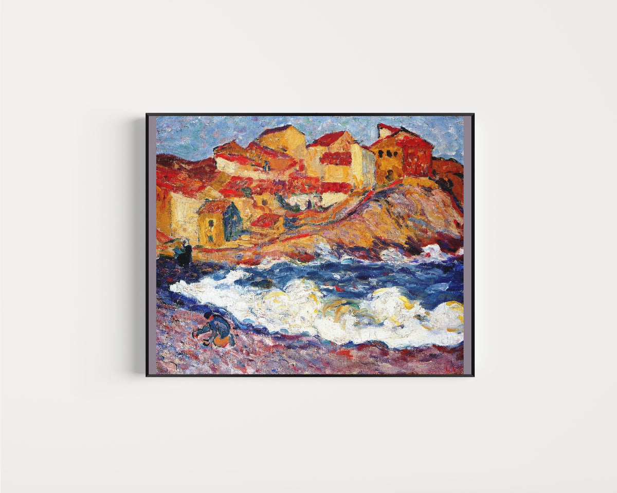 Framed art print of Village by the Sea by Louis Valtat, in a slim black frame on a plain white wall