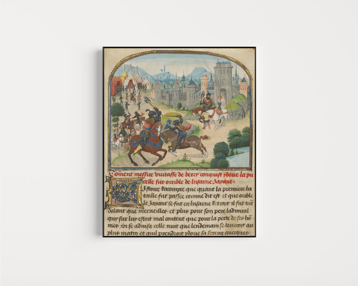 Framed art print of The Abduction of Ydoire by Loyset Liédet and Pol Fruit, in a slim black frame on a plain white wall