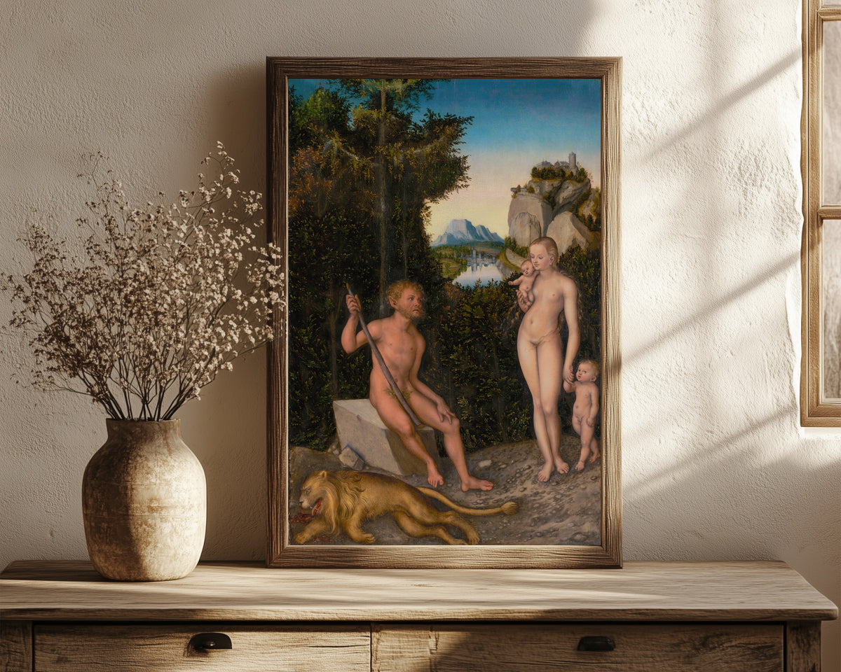 Framed art print of A Faun and His Family with a Slain Lion by Lucas Cranach the Elder, in a dark wood frame leaning on a rustic console beside dried flowers