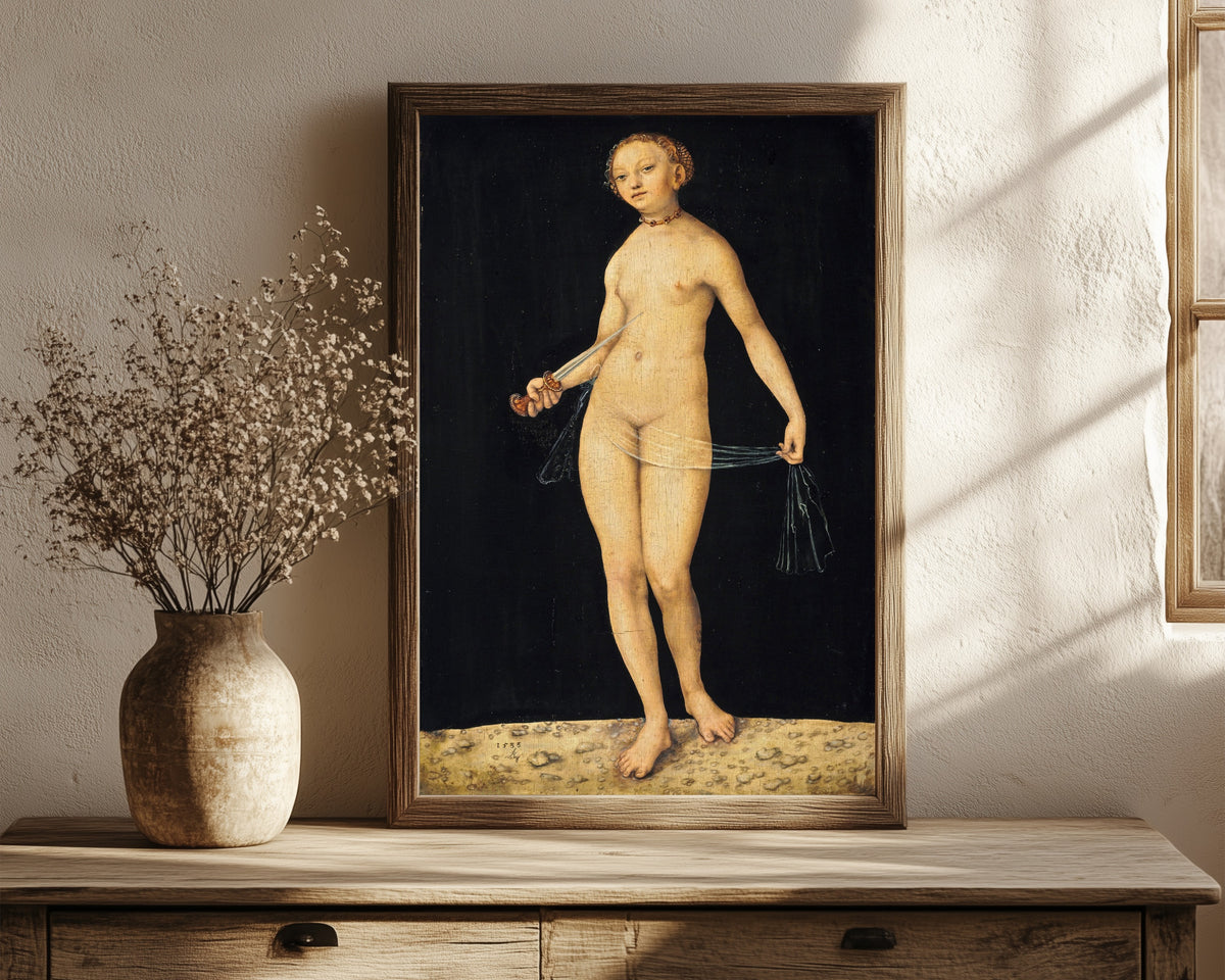Framed art print of Lucretia by Lucas Cranach the Elder, in a dark wood frame leaning on a rustic console beside dried flowers