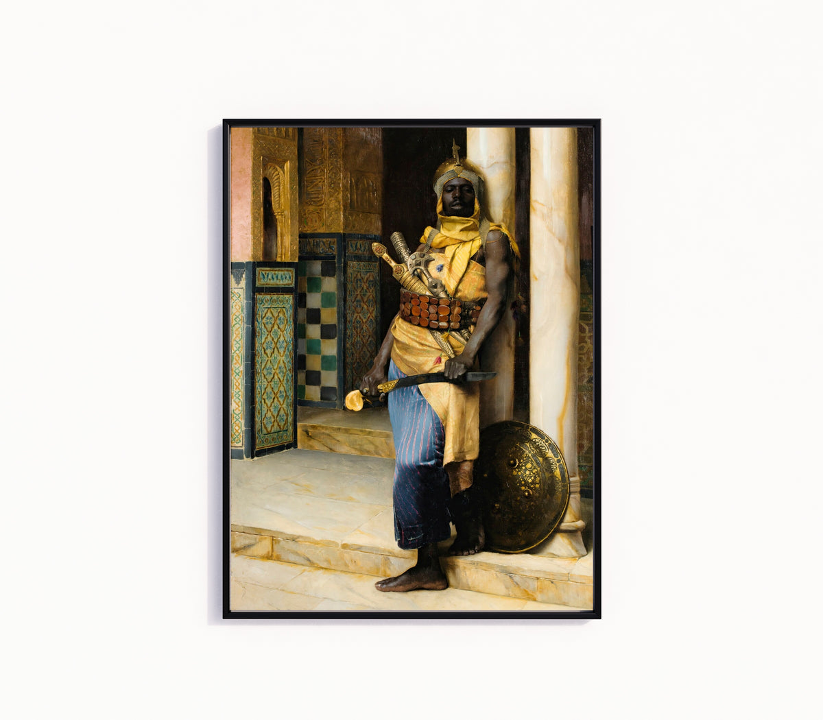 Framed art print of Guarding the Palace by Ludwig Deutsch, in a slim black frame on a plain white wall