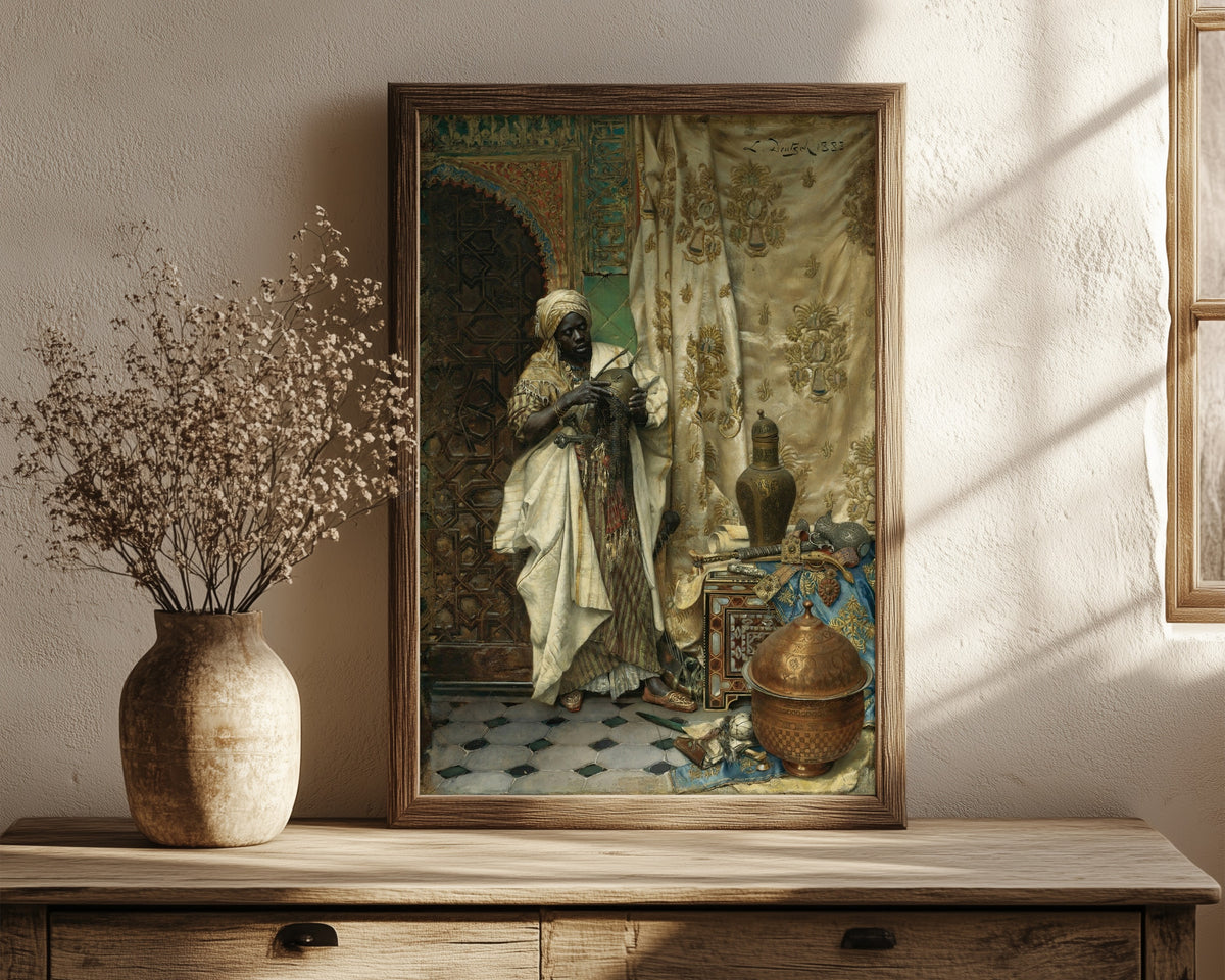 Framed art print of The Inspection by Ludwig Deutsch, in a dark wood frame leaning on a rustic console beside dried flowers