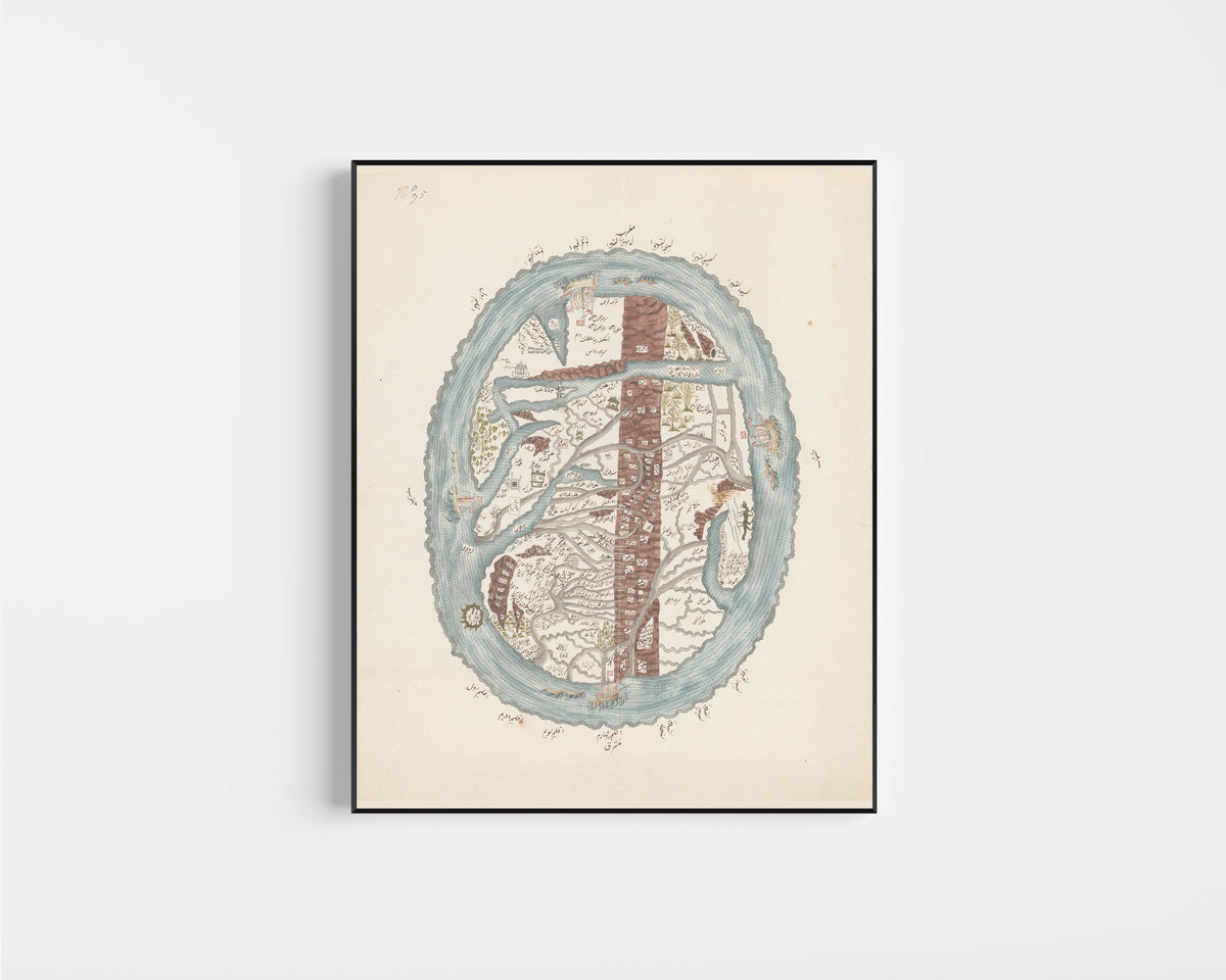 Framed art print of Map of the Islamic World, in a slim black frame on a plain white wall