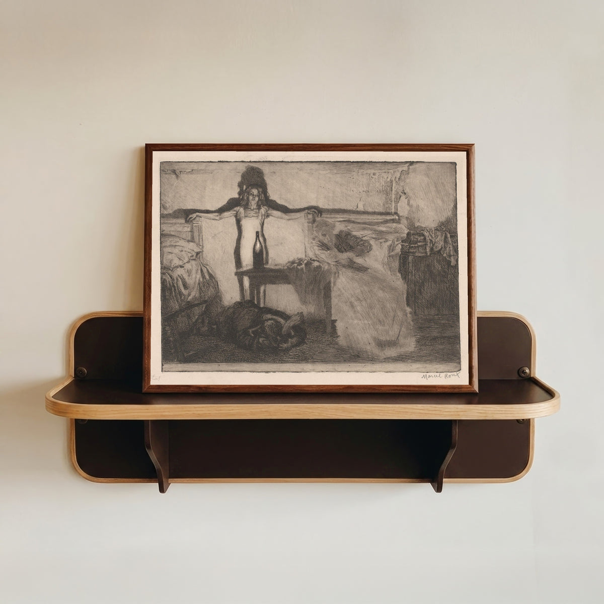 Framed art print of Alcohol by Marcel Roux, in a dark wood frame resting on a wall shelf
