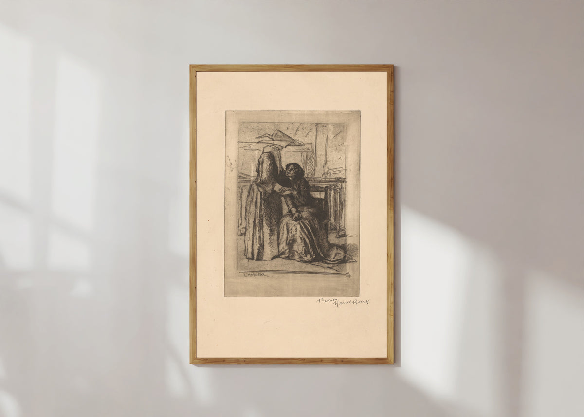 Framed art print of The Hospital (1904) by Marcel Roux, in a light wood frame on a sunlit white wall
