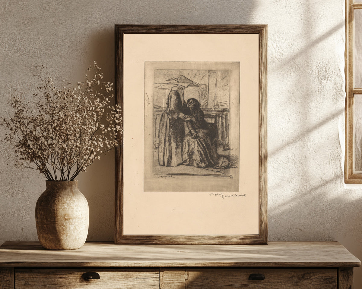 Framed art print of The Hospital (1904) by Marcel Roux, in a dark wood frame leaning on a rustic console beside dried flowers