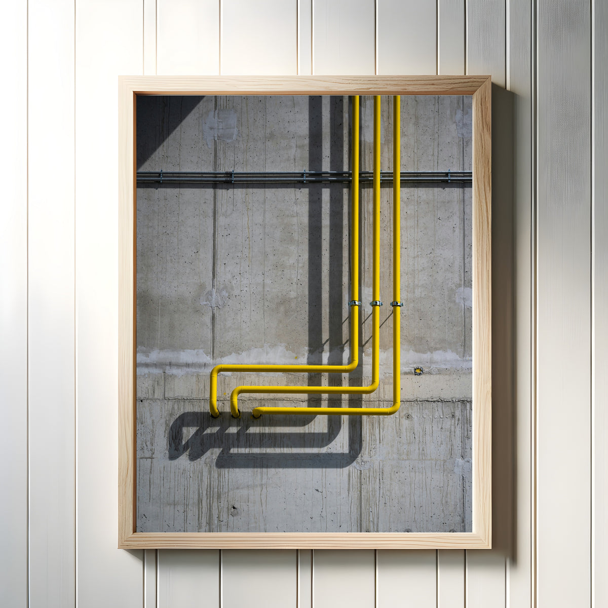 Framed art print of Light and Shadow II by Marcus Lenk, in a light wood frame on a white panelled wall