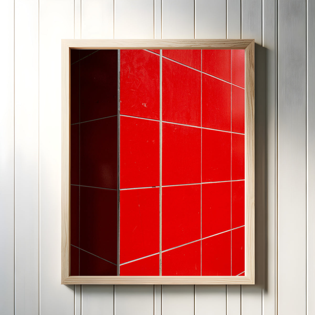 Framed art print of Light and Shadow IV by Marcus Lenk, in a light wood frame on a white panelled wall