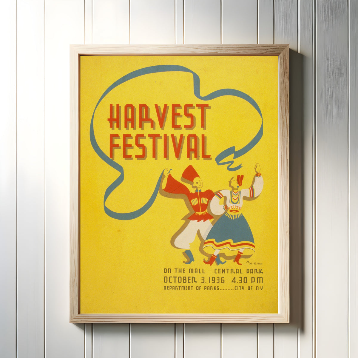 Framed art print of Harvest Festival on the Mall, Central Park by Martin Weitzman, in a light wood frame on a white panelled wall