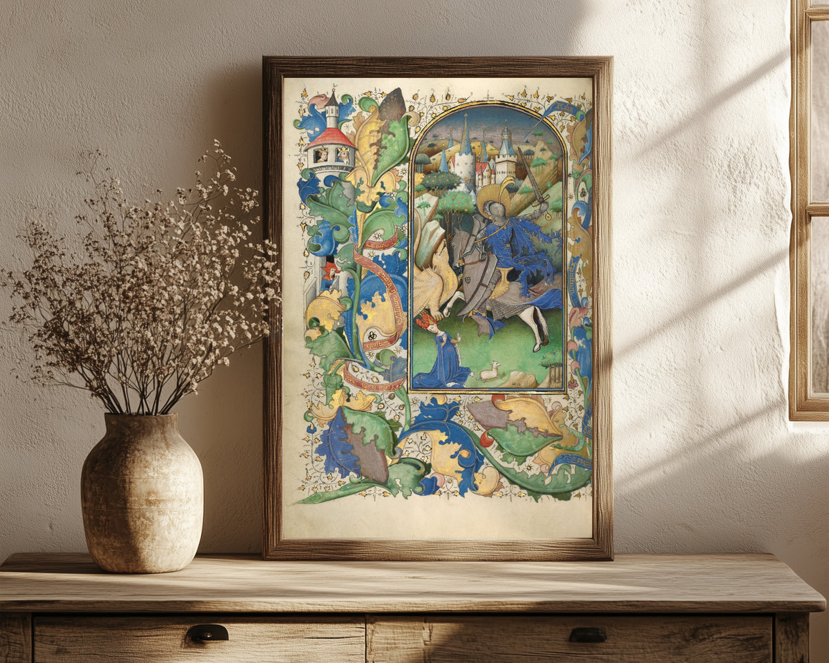 Framed art print of Saint George and the Dragon by Master of Guillebert de Mets, in a dark wood frame leaning on a rustic console beside dried flowers