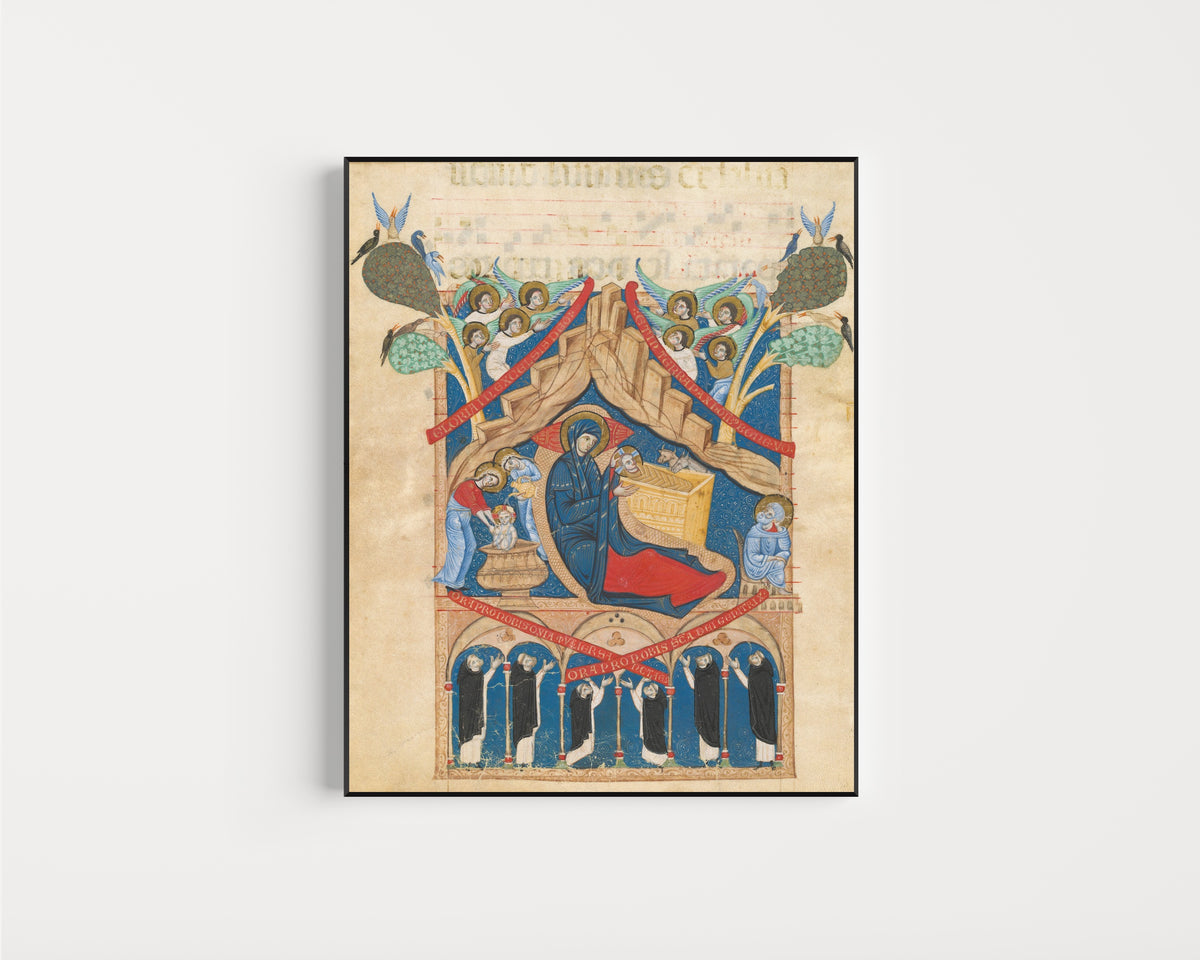 Framed art print of The Nativity with Six Dominican Monks by Master of Imola, in a slim black frame on a plain white wall