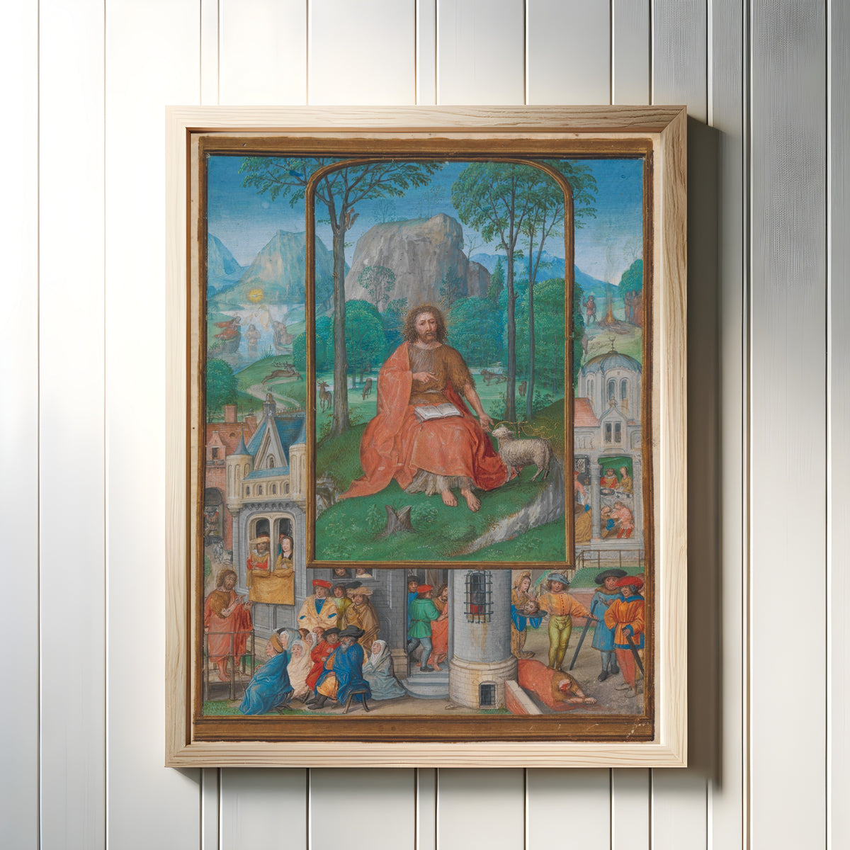 Framed art print of Scenes from the Life of Saint John the Baptist by Master of James IV of Scotland, in a light wood frame on a white panelled wall
