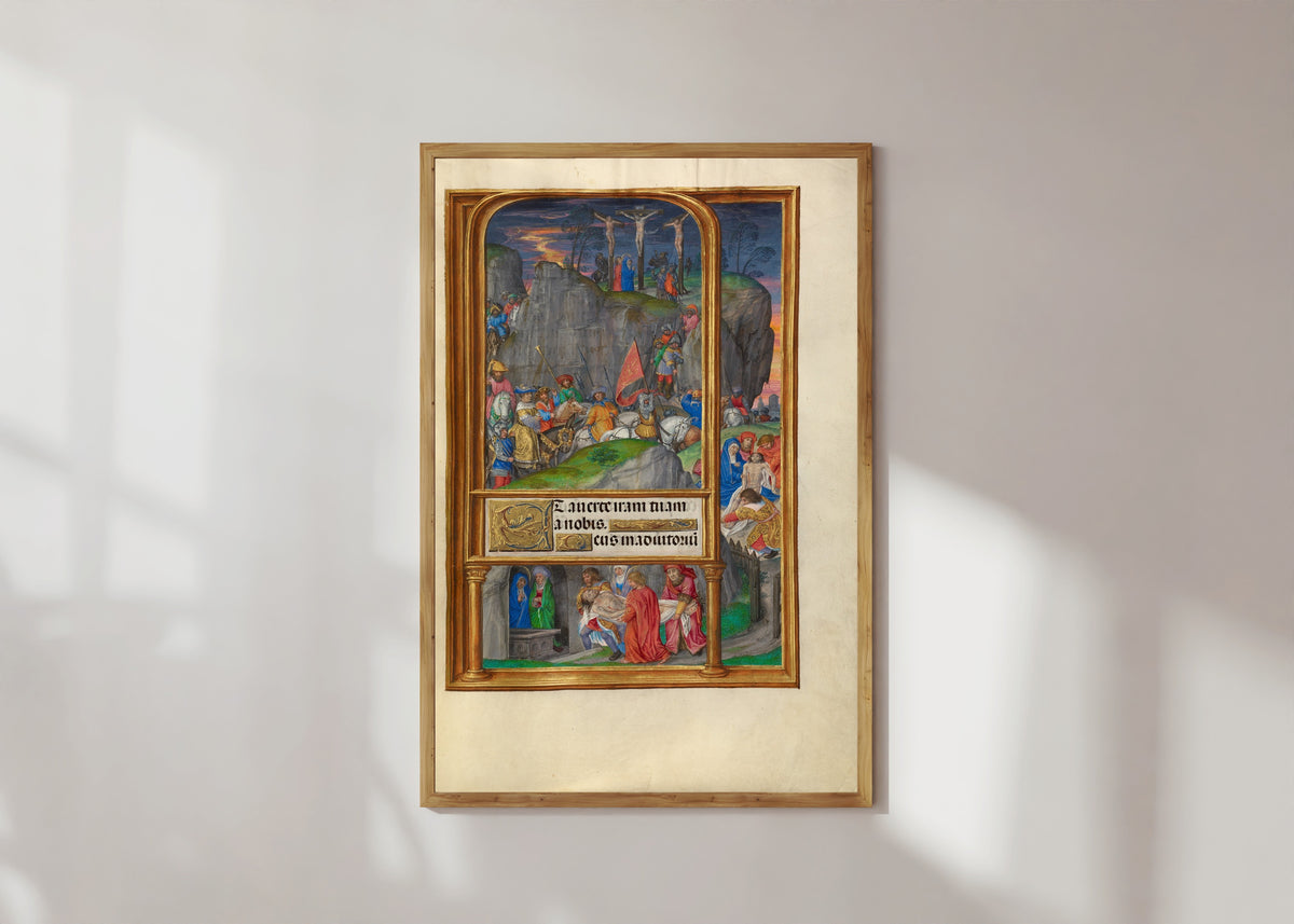 Framed art print of Spinola Hours: The Crucifixion by Master of James IV of Scotland, in a light wood frame on a sunlit white wall