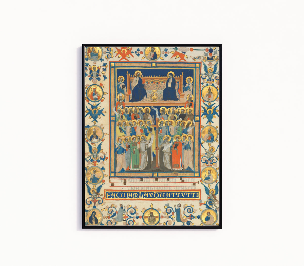 Framed art print of Christ and the Virgin Enthroned with Forty Saints by Master of the Dominican Effigies, in a slim black frame on a plain white wall