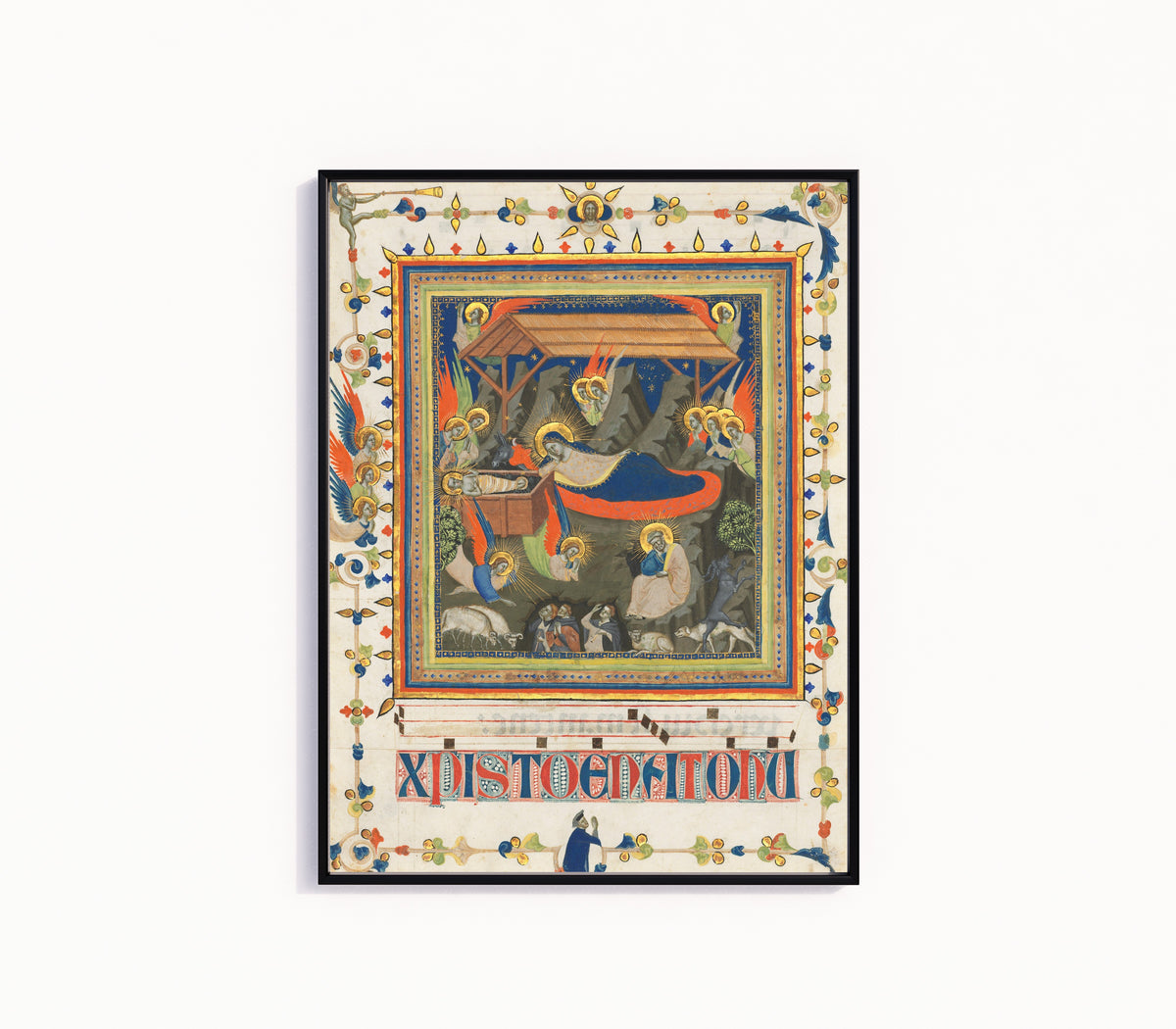 Framed art print of The Nativity with the Annunciation to the Shepherds by Master of the Dominican Effigies, in a slim black frame on a plain white wall