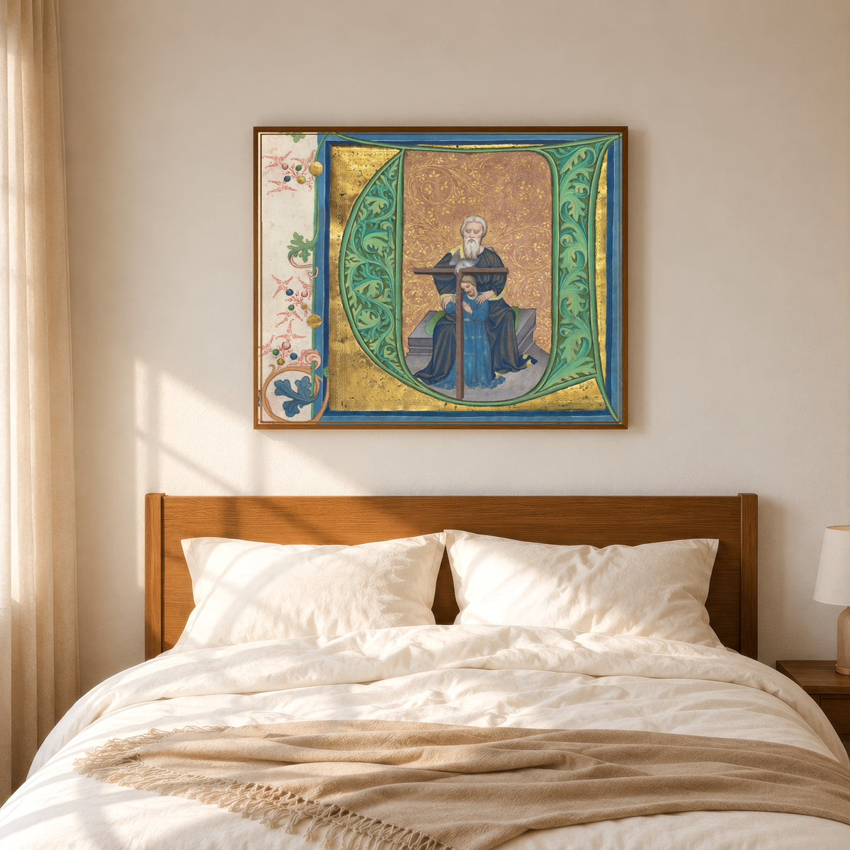 Framed art print of The Trinity by Master of the Gerona Martyrology (workshop), in a slim wood frame above a bed in a sunlit bedroom