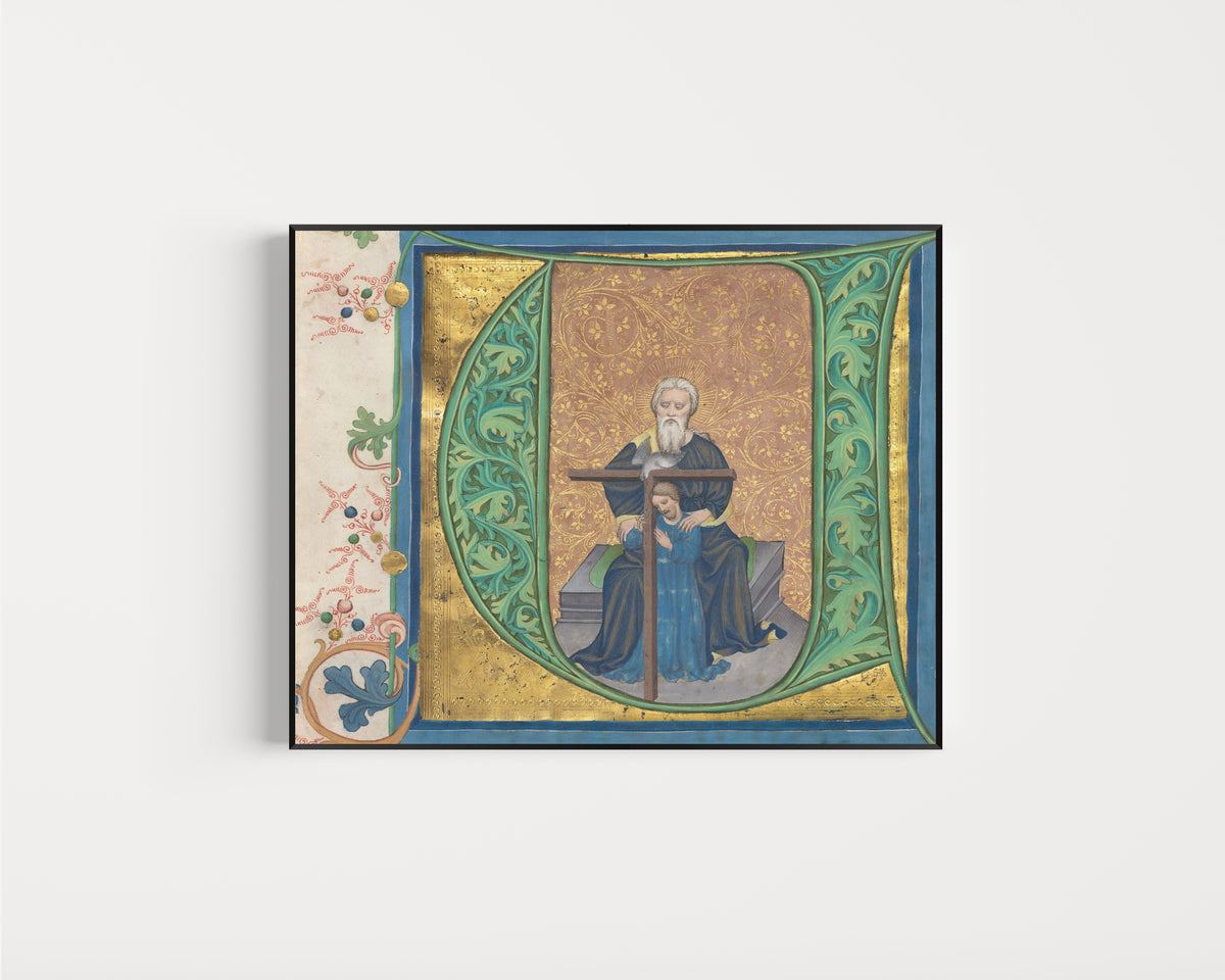 Framed art print of The Trinity by Master of the Gerona Martyrology (workshop), in a slim black frame on a plain white wall